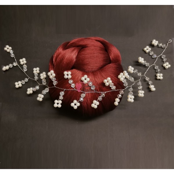 Accesoriu modern pentru decor par WED14 Argintiu cu cristale si perle de 35cm